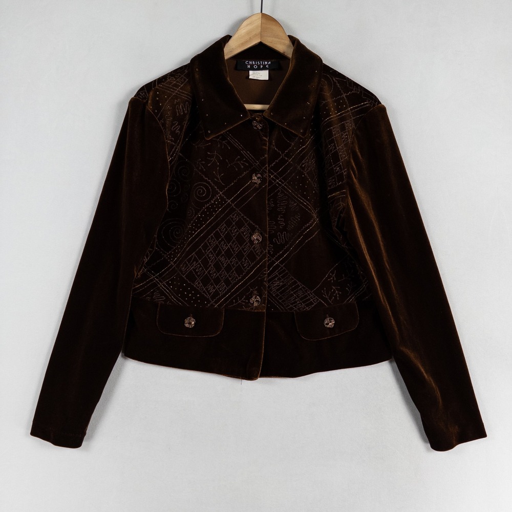 Christina Hope Top Shirt Sz Petit Brown Pattern Velour Button Up Artsy Eclectic